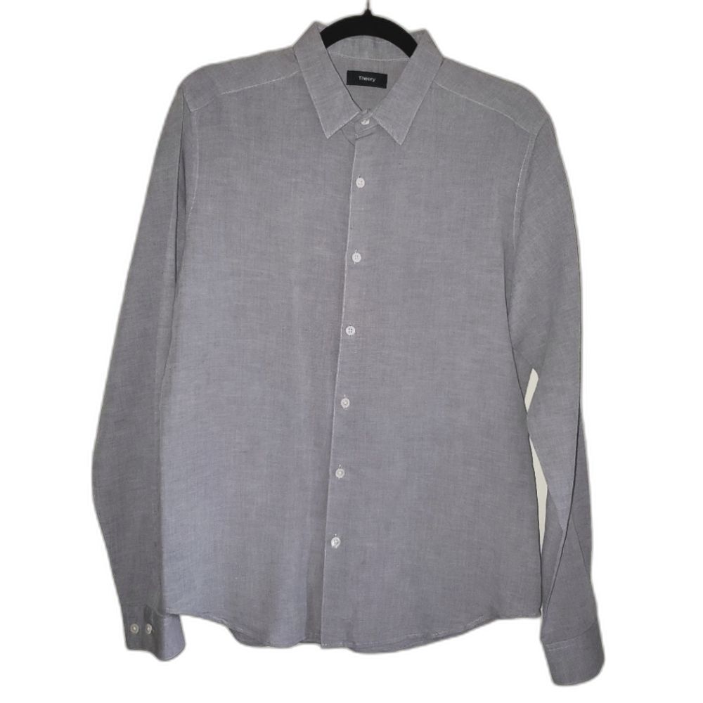 Theory Zack Ramiro Linen Cotton Button Front Shirt Gray Long Sleeve Men's M